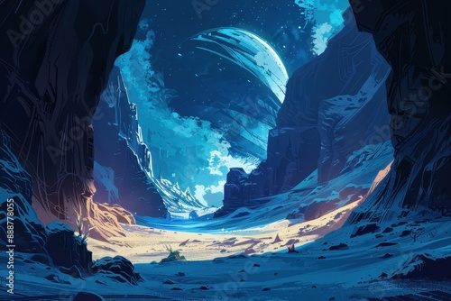 Mysterious Alien Landscape with Towering Ice Cliffs and Glowing Moon
