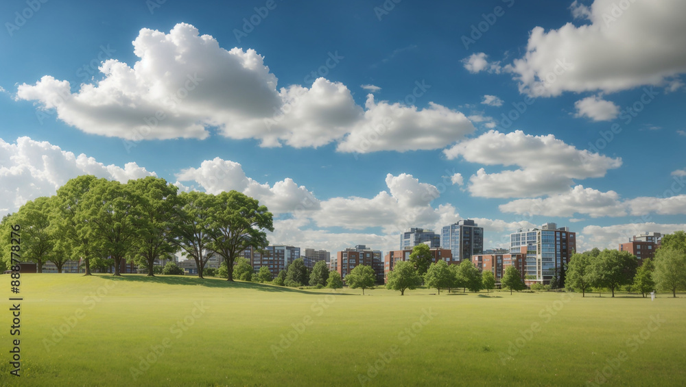 A grassy field with a row of apartment buildings in the distance against a bright blue sky with white clouds. A grassy field with a row of apartment buildings in the distance against a bright blue sky with white clouds.