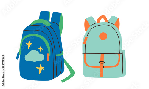 Set of school backpacks schoolbag . Children briefcases for carrying school supplies. Vector illustration flat doodle cartoon illustration for girl and boy . Back to school