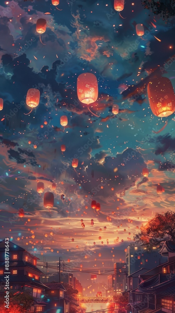 Night Sky with Hundreds of Floating Lanterns Night Sky with Hundreds of Floating Lanterns