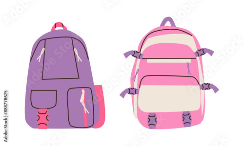 Set of school backpacks schoolbag . Children briefcases for carrying school supplies. Vector illustration flat doodle cartoon illustration for girl and boy . Back to school
