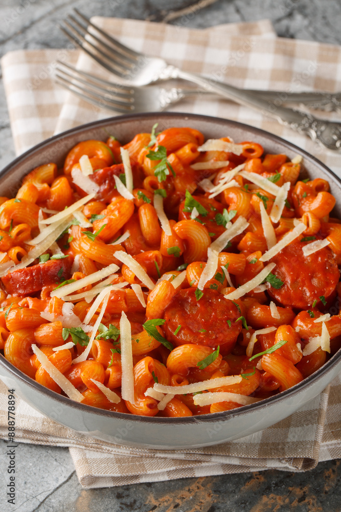 Spicy, savory and creamy Gochujang Pasta with cheddar and parmesan cheese and sausages closeup on the plate on the table. Vertical Spicy, savory and creamy Gochujang Pasta with cheddar and parmesan cheese and sausages closeup on the plate on the table. Vertical