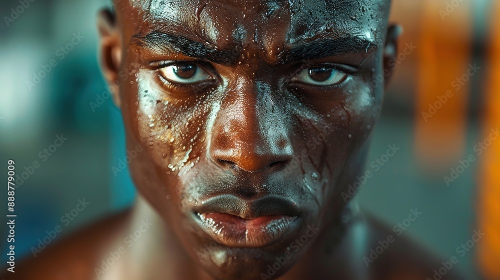 Close-up of a sweaty, determined athlete showcasing intense focus and readiness, emphasizing the grit and effort in sports. Close-up of a sweaty, determined athlete showcasing intense focus and readiness, emphasizing the grit and effort in sports.