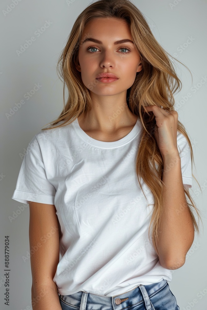 White tshirt mockup on woman model created with Generative AI White tshirt mockup on woman model created with Generative AI