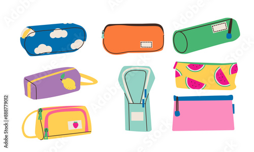 Cute pencil case . Collection of pencil cases. Cute design in bright colors. Flat cartoon doodle design style vector illustration. Back to school .