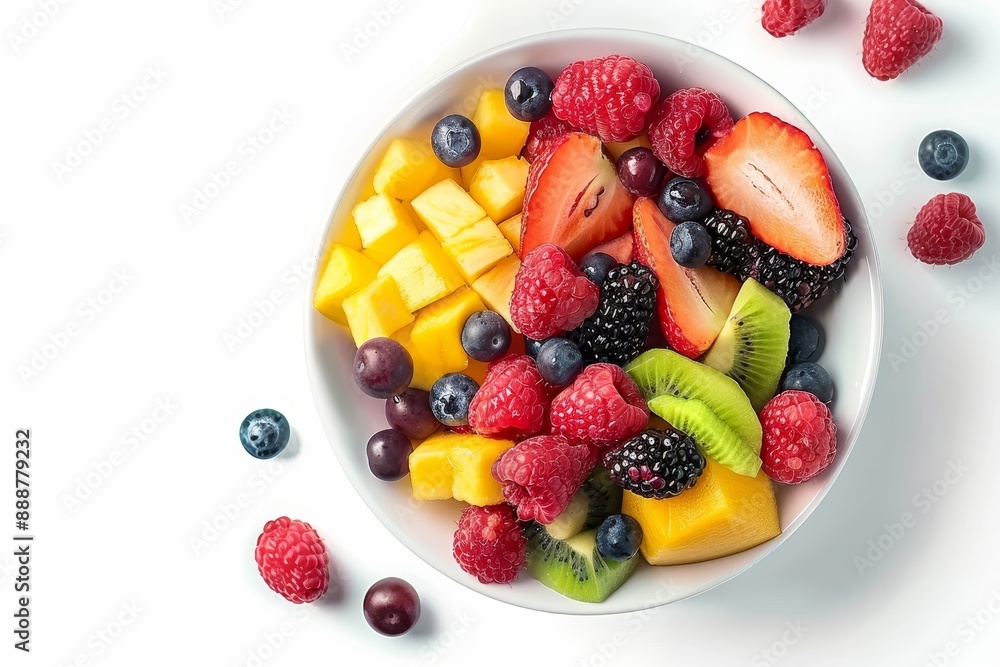 Obraz premium Top view of fresh fruit salad in white bowl