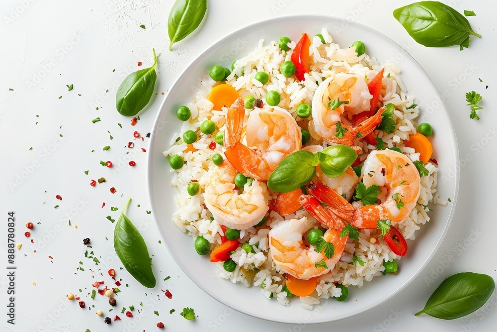 Top view of square image with rice vegetables and shrimp on white background Top view of square image with rice vegetables and shrimp on white background