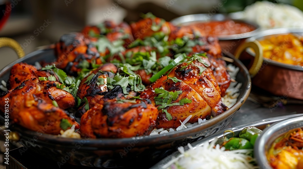 Boiled rice cabbage and tandoori chicken in a platter Boiled rice cabbage and tandoori chicken in a platter