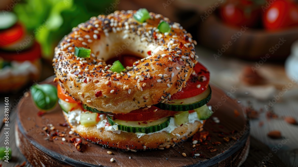 Bagel Turkish Simit for snack and morning breakfast with tomato green pepper cucumber and white cheese Close up photo Bagel Turkish Simit for snack and morning breakfast with tomato green pepper cucumber and white cheese Close up photo