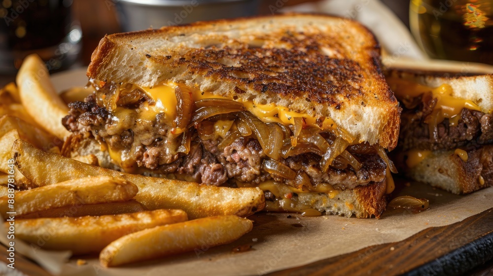 Patty melt sandwich Ground beef patty with melted cheese and topped with caramelized onions on two slices of griddled rye bread Classic American meat and cheese Sandwich served with crispy fries