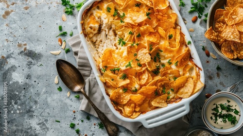 creamy cheesy chicken almond casserole topped with potato chips in baking dish with spoon on concrete table with ingredients american recipe flat lay photo