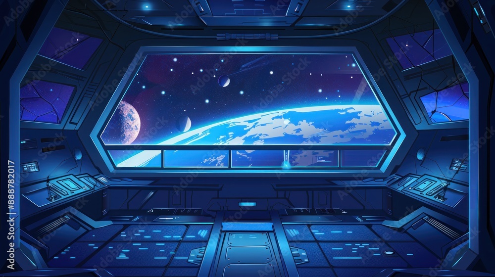 Spaceship Interior with View of Earth and Stars Spaceship Interior with View of Earth and Stars