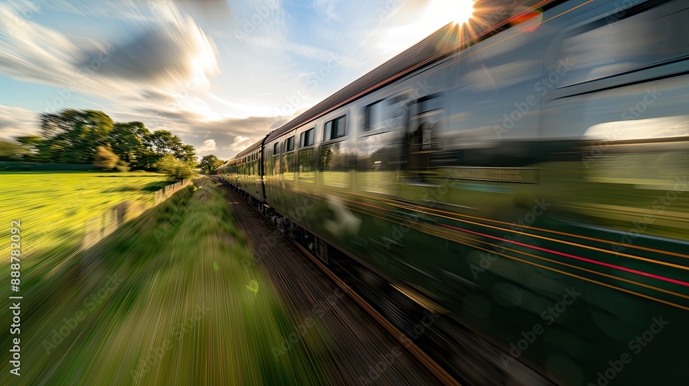 Close up of train speeding through English countryside on bright sunny day with extended exposure for extended motion blur Close up of train speeding through English countryside on bright sunny day with extended exposure for extended motion blur