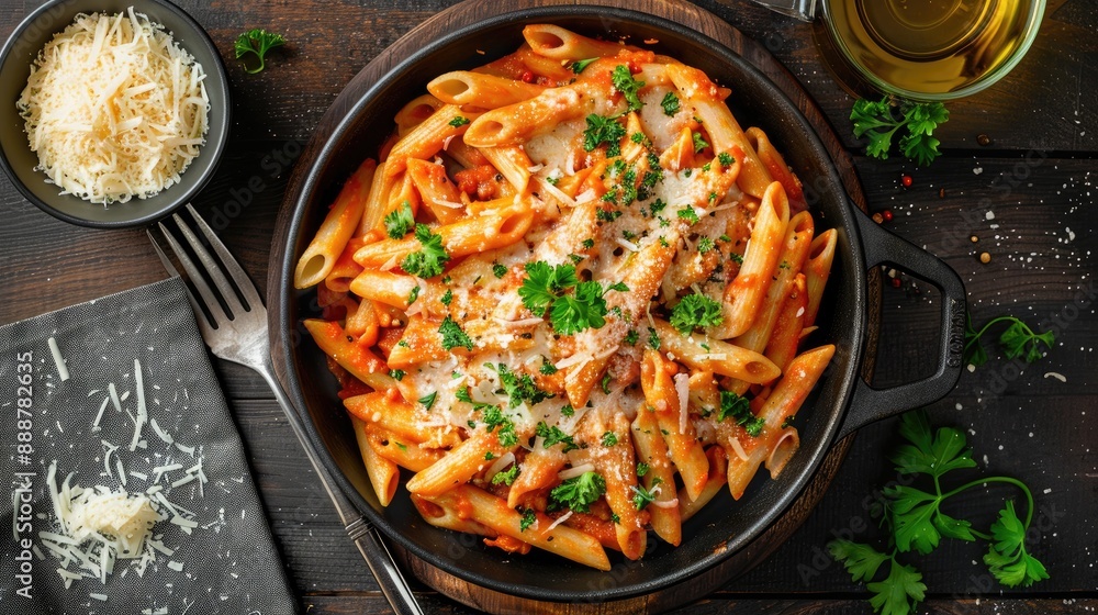 Homemade Penne Alla Vodka from Leftover Sauce with Cheese and Parsley top view Overhead from above flat lay Homemade Penne Alla Vodka from Leftover Sauce with Cheese and Parsley top view Overhead from above flat lay