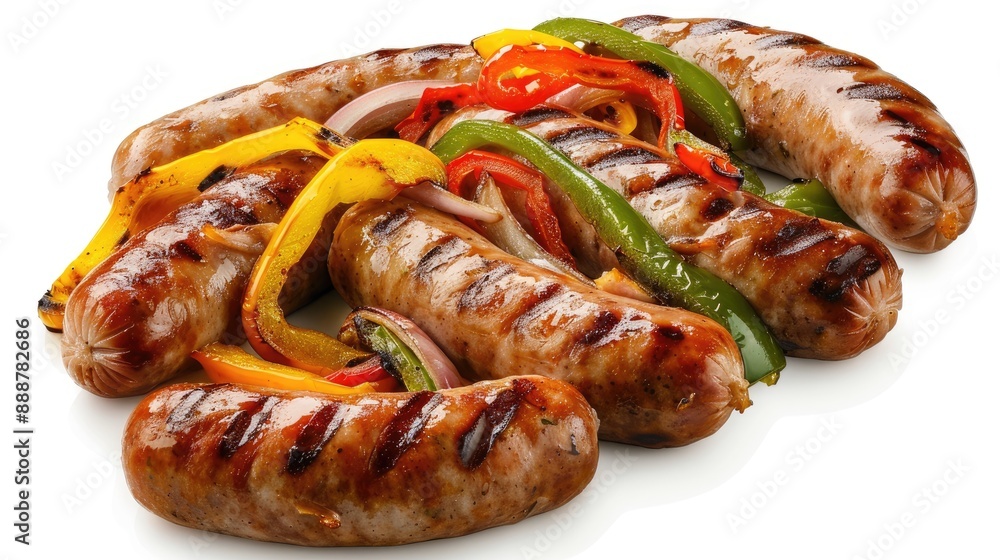 three bratwurst sausages with grilled onions and bell peppers three bratwurst sausages with grilled onions and bell peppers