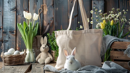 blank canvas tote bag mock up easter photo