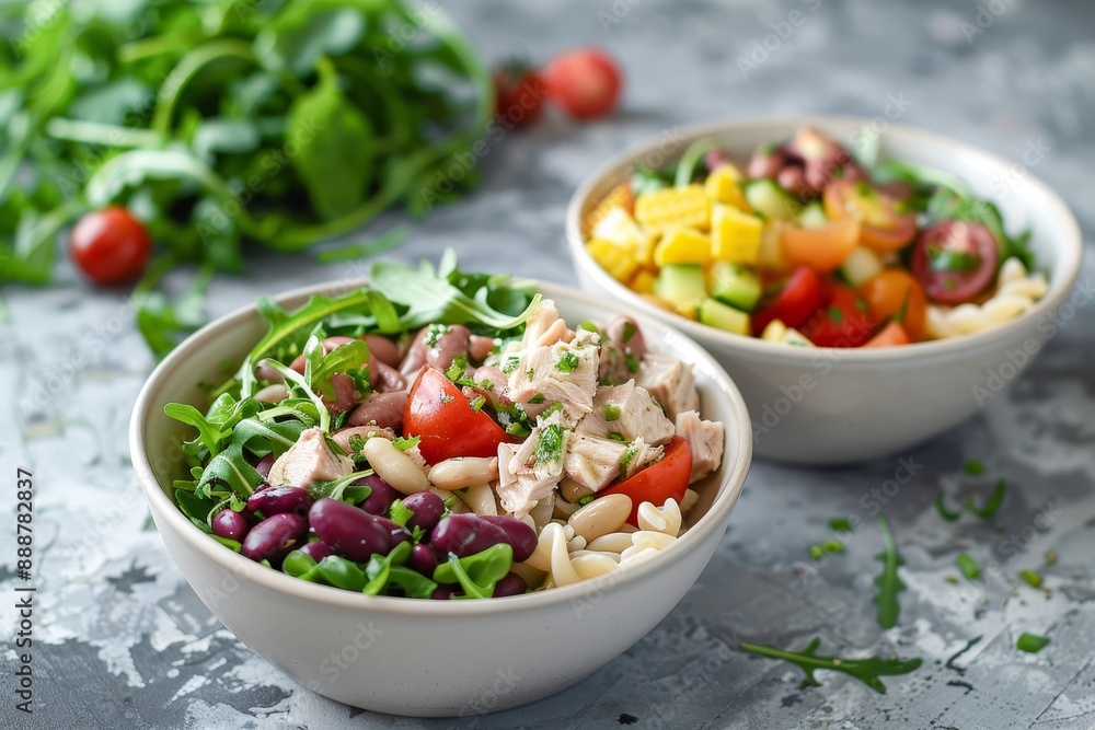 Tuna warm salad with arugula tomatoes red beans and pasta Healthy lunch or dinner recipe Two bowls on marble table Healthy dinner or lunch ideas Vertical Tuna warm salad with arugula tomatoes red beans and pasta Healthy lunch or dinner recipe Two bowls on marble table Healthy dinner or lunch ideas Vertical
