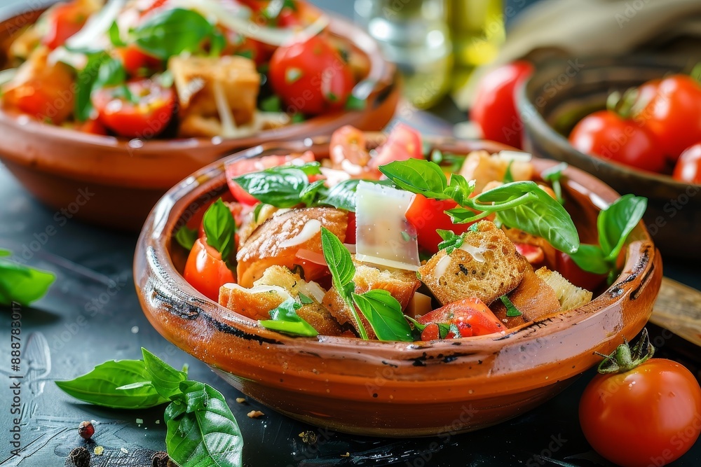 Tuscan panzanella salad with tomatoes cheese in clay plates Authentic healthy Mediterranean cuisine Tuscan panzanella salad with tomatoes cheese in clay plates Authentic healthy Mediterranean cuisine