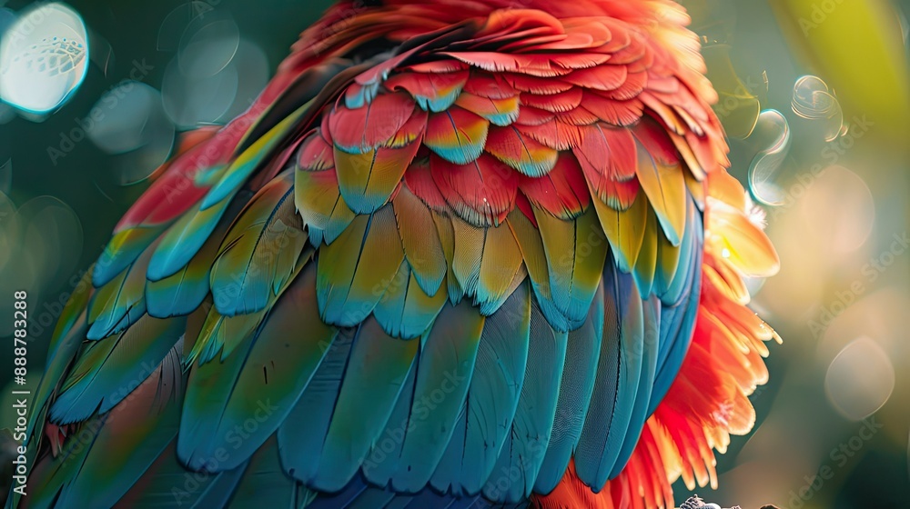 Obraz premium Parrot feathers, red, yellow and blue exotic