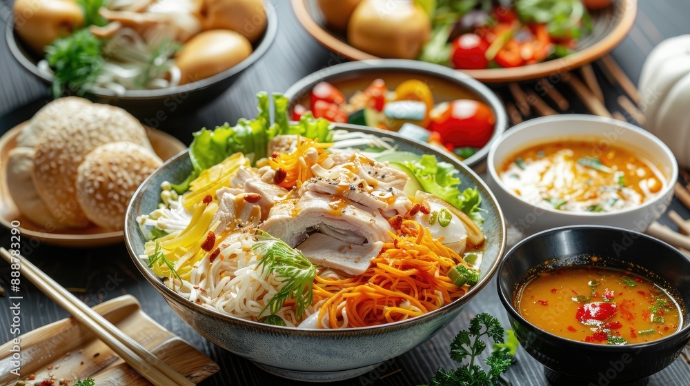 Healthy food Lunch rice noodles with chicken and vegetables with green salad with tuna pumpkin cream soup and buns on table Vertical orientation Healthy food Lunch rice noodles with chicken and vegetables with green salad with tuna pumpkin cream soup and buns on table Vertical orientation