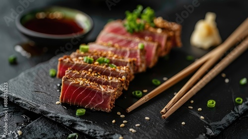 Close up of appetizing sesame crusted tuna steak Medium rare Yellow fin tuna slices on black slate with wasabi soy sauce and chopsticks