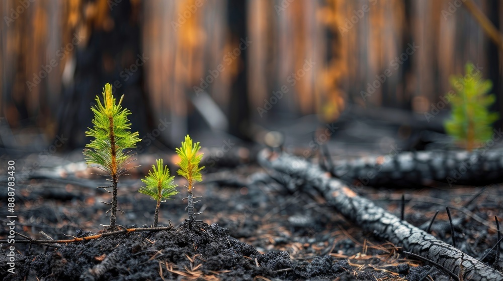 Baby pine trees grow among burned tree trunks after controlled burn in forest Baby pine trees grow among burned tree trunks after controlled burn in forest