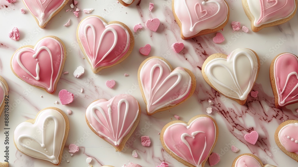 Flat lay Decorating heart shaped sugar cookies with pink and white royal icing for Valentine s Day Flat lay Decorating heart shaped sugar cookies with pink and white royal icing for Valentine s Day