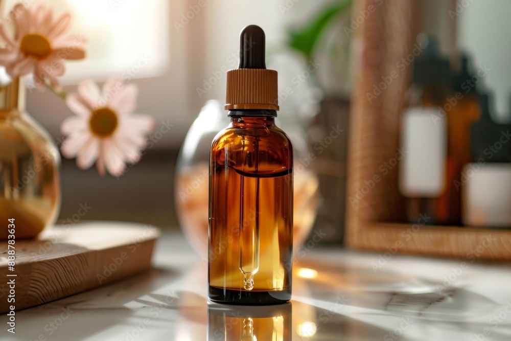 Unscrew amber bottle containing serum or oil Skincare products natural cosmetics blurred in background Beauty concept for face care Focus on center Unscrew amber bottle containing serum or oil Skincare products natural cosmetics blurred in background Beauty concept for face care Focus on center