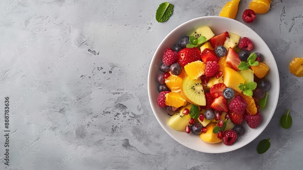 Fruit salad in a bowl on gray surface or table Close up above view Fruit salad in a bowl on gray surface or table Close up above view