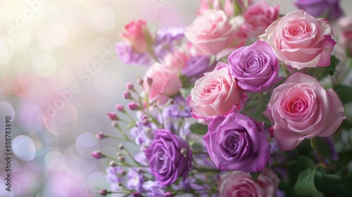 Fototapeta Naklejka Na Ścianę i Meble -  Pink and purple roses bouquet on natural background with space for customization