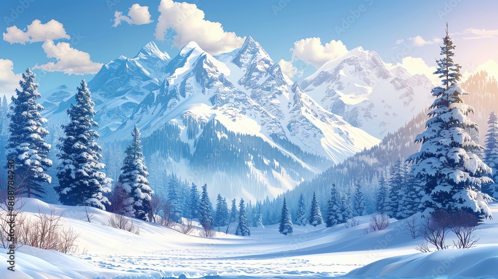Fototapeta premium Snow-covered mountain peaks with alpine trees, winter wonderland, nature landscape