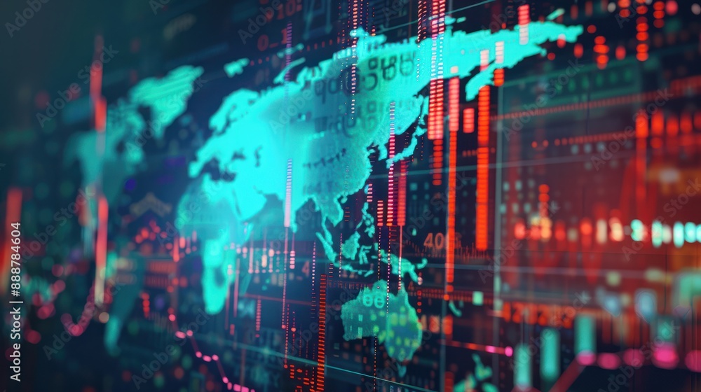 Obraz premium Global Crisis Chart Concept, Abstract double exposure of global crisis chart on holographic world map background. Ai generated