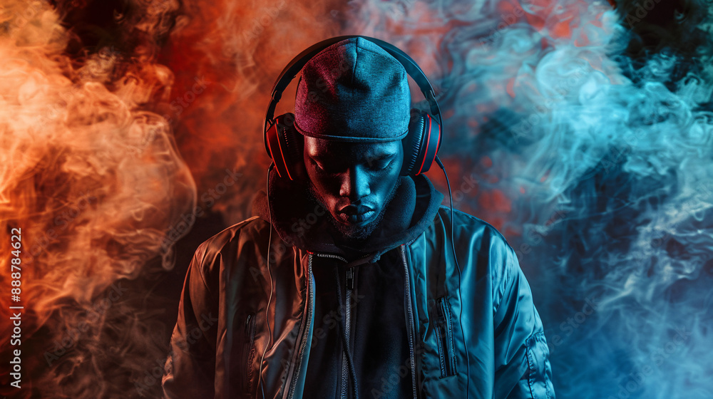 a man wearing headphones and a hat a man wearing headphones and a hat