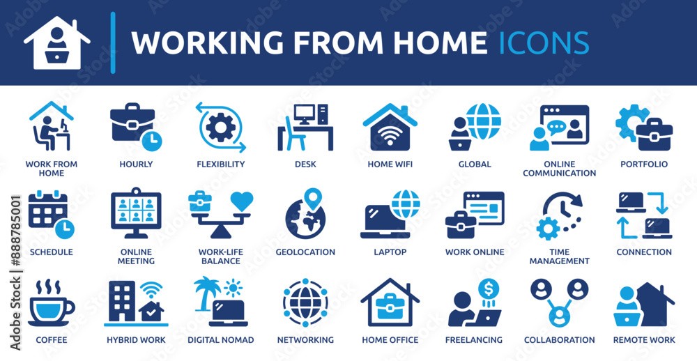 Working from home icon set. Containing remote work, work online, freelancing, home office, digital nomad, portfolio and more. Solid vector icons collection. Working from home icon set. Containing remote work, work online, freelancing, home office, digital nomad, portfolio and more. Solid vector icons collection.