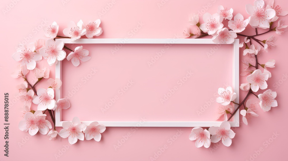 Frame of Sprigs Sakura Cherry Blossoms on pink background.Holiday Concept of spring, 8 march, mother day, april, may, Persian new year. Frame of Sprigs Sakura Cherry Blossoms on pink background.Holiday Concept of spring, 8 march, mother day, april, may, Persian new year.