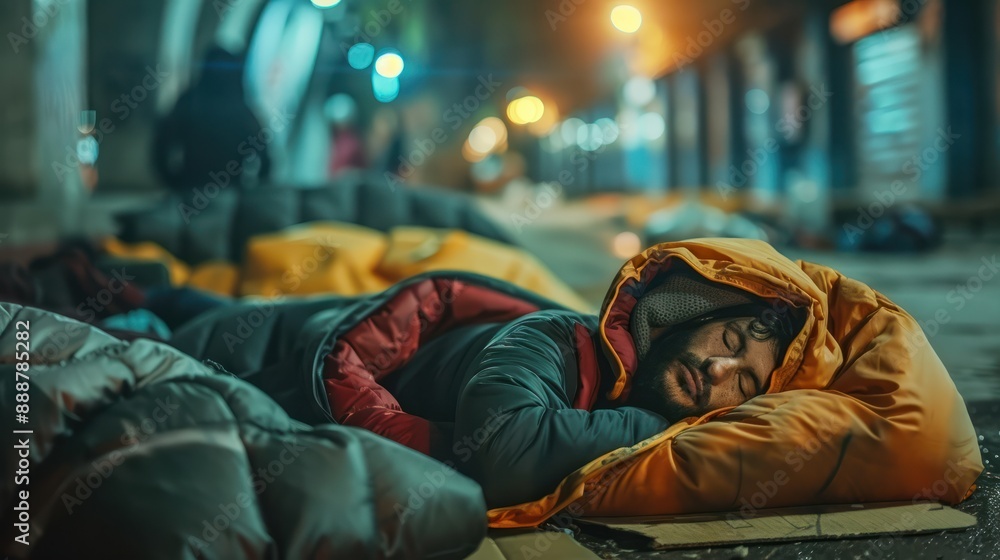 Fototapeta premium Homeless people sleeping in sleeping bag and cardboard in a street, concept of financial crisis, unemployment, lose job, vulnerable groups.