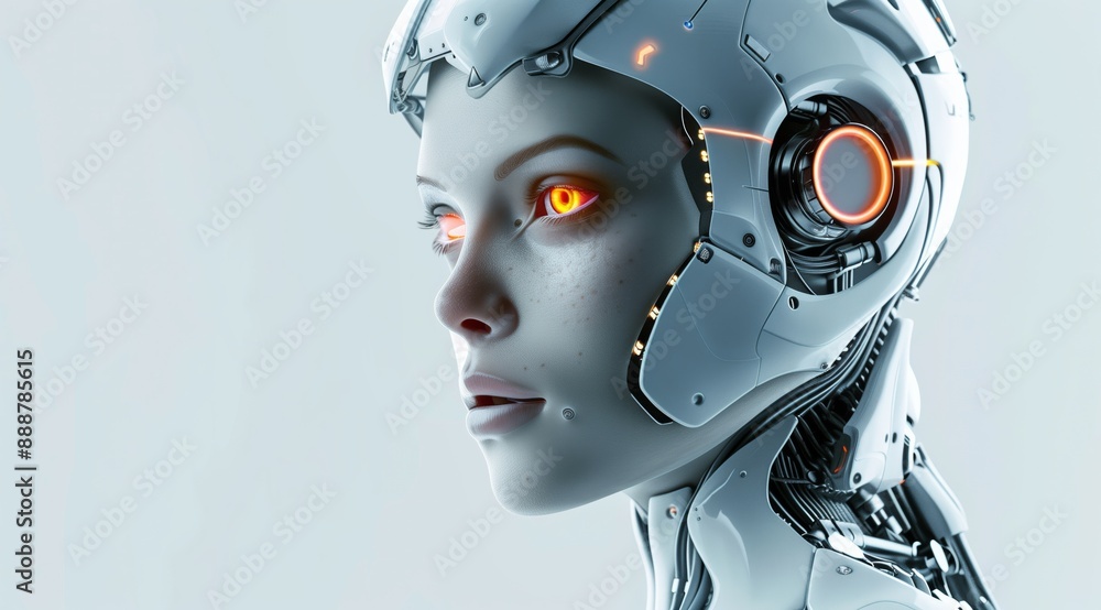 Profile of Futuristic Female Robot with Glowing Eyes in Minimalist Style Profile of Futuristic Female Robot with Glowing Eyes in Minimalist Style