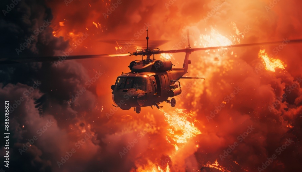 A black helicopter within the fire of hell, in an epic action shot with dramatic lighting A black helicopter within the fire of hell, in an epic action shot with dramatic lighting