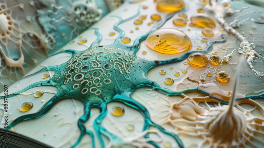 A close-up of an open book with illustrations showing the anatomy and structure of cells. A close-up of an open book with illustrations showing the anatomy and structure of cells.
