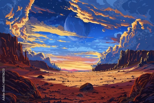 Desert Planet Landscape with Rocky Formations and Colorful Sunset Sky