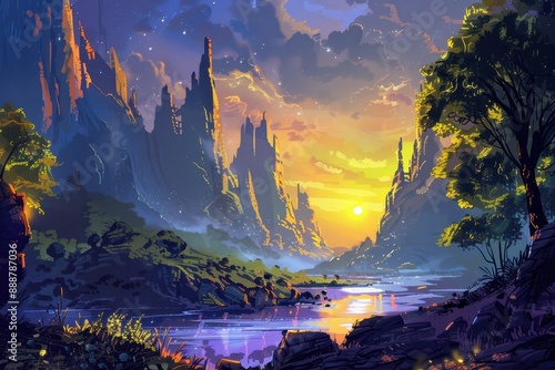 Mystical sunset over tranquil river and majestic mountains