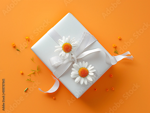 a white gift box with white ribbon and flowers on it