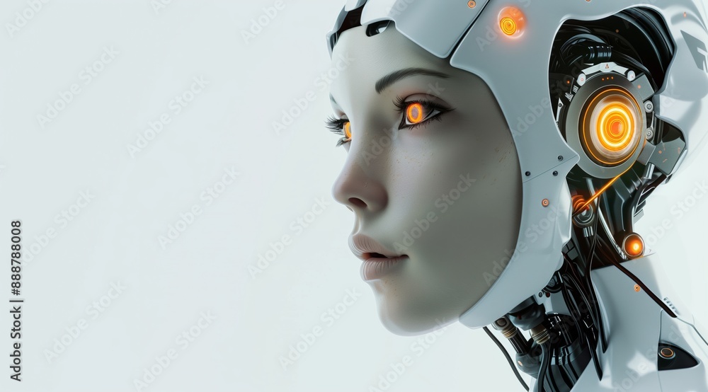 Profile of Futuristic Female Robot with Glowing Eyes in Minimalist Style Profile of Futuristic Female Robot with Glowing Eyes in Minimalist Style