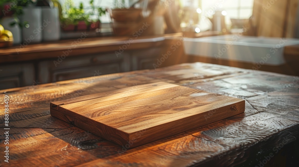 A rustic wooden cutting board bathed in warm sunlight on a wooden kitchen counter, evoking a cozy and homely kitchen atmosphere.