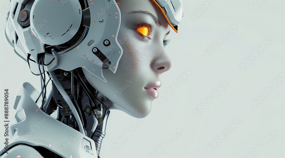 Profile of Futuristic Female Robot with Glowing Eyes in Minimalist Style Profile of Futuristic Female Robot with Glowing Eyes in Minimalist Style