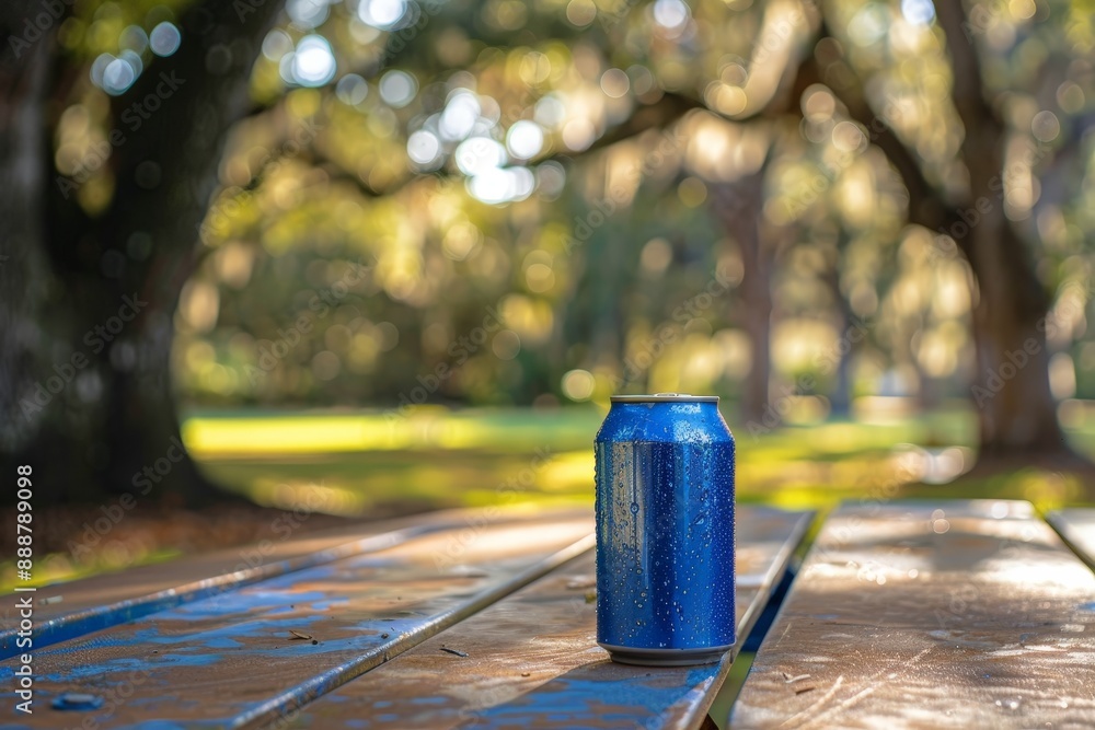 Empty soda can on a picnic table with a park background Empty soda can on a picnic table with a park background
