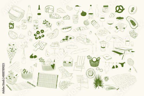 Collection of summer picnic elements. Food, drink, picnic backet, blanket, sun chair, umbrella. Editable vector illustration.