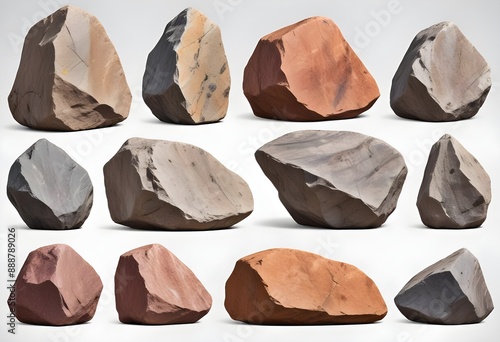 Collection set of big and long hard 3D rock boulder stone on white background 3