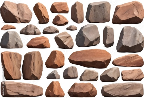 Collection set of big and long hard 3D rock boulder stone on white background 3