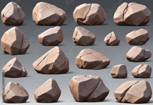 Collection set of big and long hard 3D rock boulder stone on white background 3